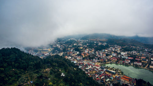 High angle view of town against sky