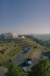 High angle view of city against clear sky