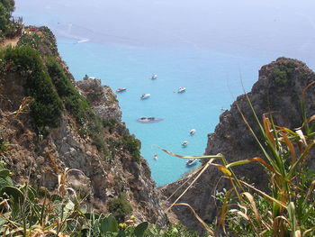 High angle view of boats in sea