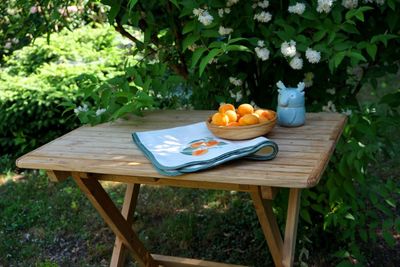 Breakfast on table by plants in yard