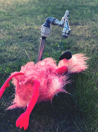 High angle view of stuffed toy on field