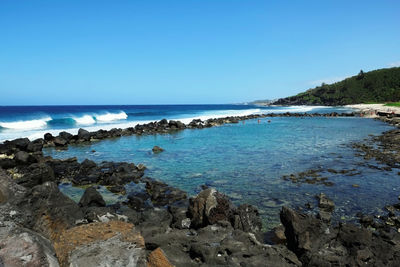 Scenic view of sea against clear blue sky