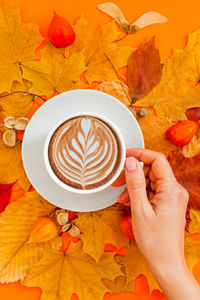 Midsection of person holding coffee cup on table during autumn