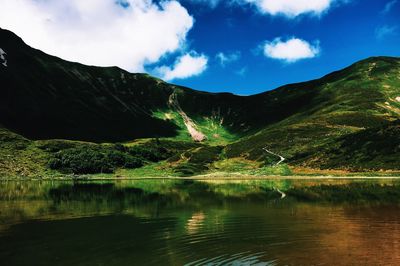 Scenic view of lake against cloudy sky