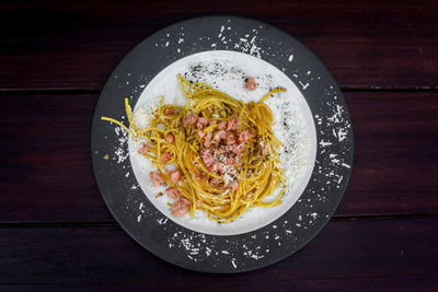 High angle view of meal served on table