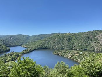 Scenic view of lake against clear blue sky