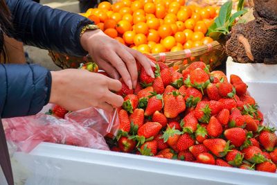 Cropped hands picking strawberry in market