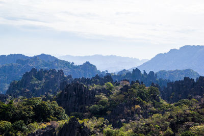 Scenic view of trees and mountains against sky