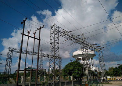 Low angle view of electricity pylon against sky