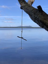 Driftwood on wooden post in lake against sky