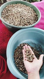 High angle view of hand holding bowl