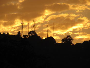 Low angle view of silhouette trees against orange sky