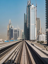 Railroad tracks amidst buildings in city against sky