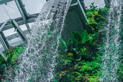 Low angle view of waterfall against building