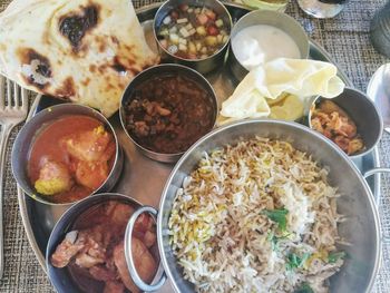High angle view of meal served on table