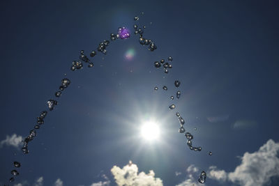 Low angle view of water drops against bright sun