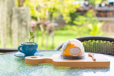 Close-up of tea cup on table