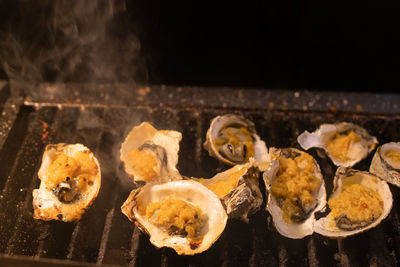 High angle view of food on barbecue grill