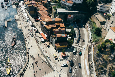 High angle view of street in town