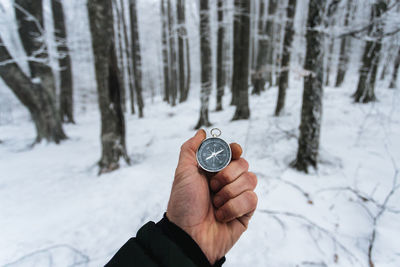 Cropped hand holding navigational compass