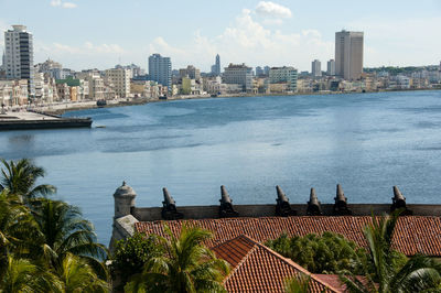 City by river against sky