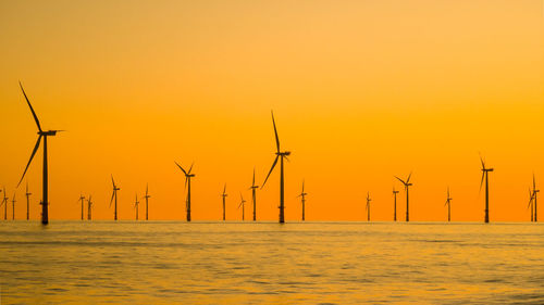Cranes against sky during sunset