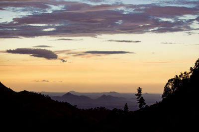 Scenic view of silhouette mountains against sky at sunset