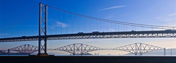 Firth of forth road bridge over river against sky