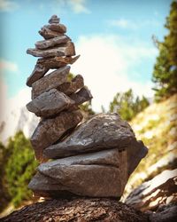 Close-up of stone stack on rock