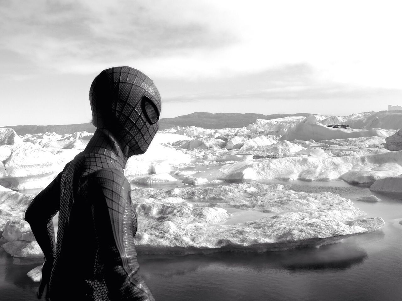 snow, sky, outdoors, nature, in front of, solitude, sea, no people, looking, tranquility, tranquil scene