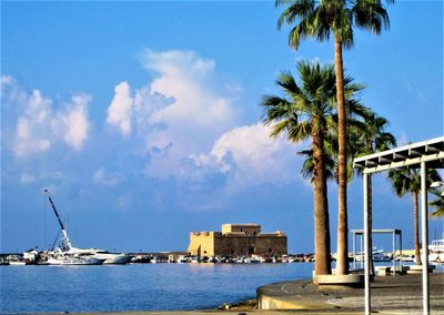 Palm trees by sea against sky