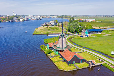 Aerial from a traditional windmill at zaanse schans in the netherlands