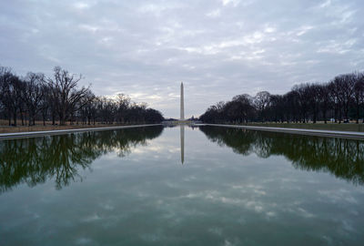 Reflection of washington monument in pomd against cloudy sky