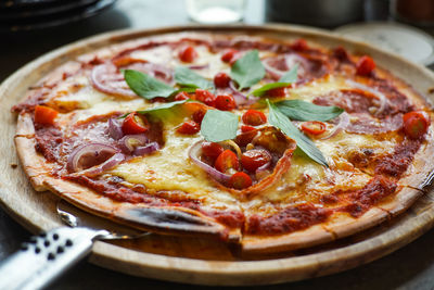 High angle view of pizza on table