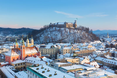 High angle view of townscape against sky during winter