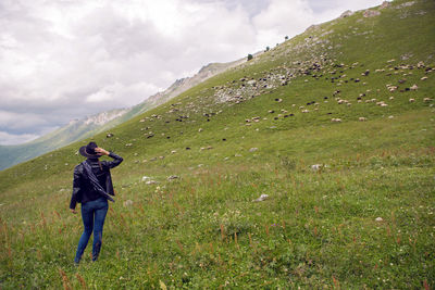 Woman shepherd standing in the mountains in a meadow in a hat with sheep
