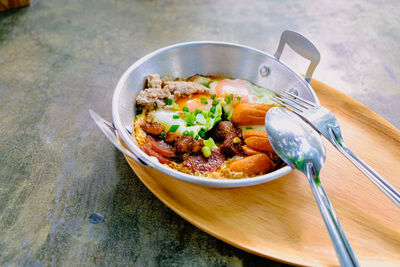 High angle view of food in plate on table