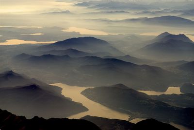 High angle view of scenic mountain range against sky