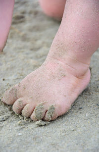 Cropped image of baby on sand at beach