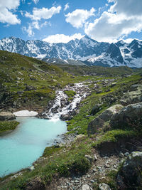 Scenic view of lake and mountains against sky