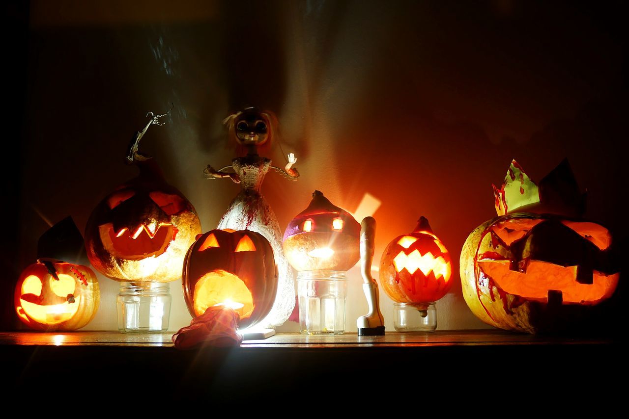 celebration, pumpkin, illuminated, halloween, indoors, night, tradition, cultures, home interior, no people, holiday - event, lantern, jack o lantern