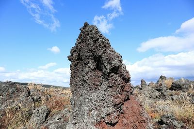 Low angle view of rock formation against sky