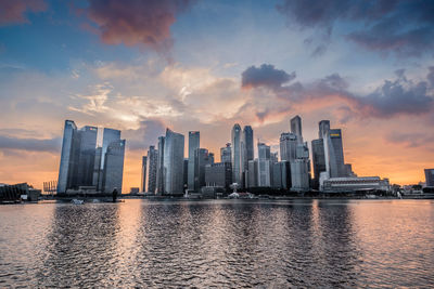 City at waterfront during sunset