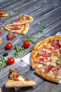 High angle view of pizza on table