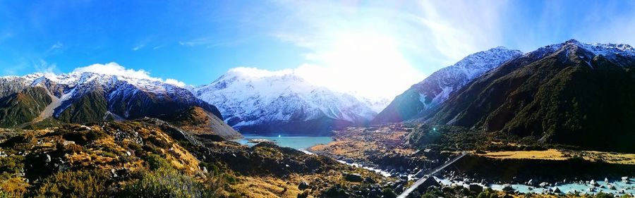 Panoramic view of sea and mountains against sky