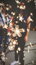 Low section of woman with illuminated christmas tree at night