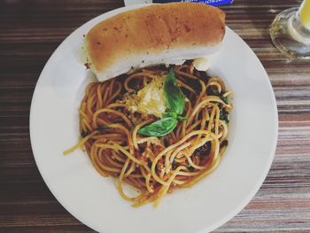Close-up of noodles in plate on table
