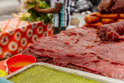 Preparation of meat for roasting for sale in a market