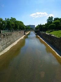Canal amidst trees against sky