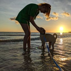 Full length silhouette of dog and child on beach against sky during sunset